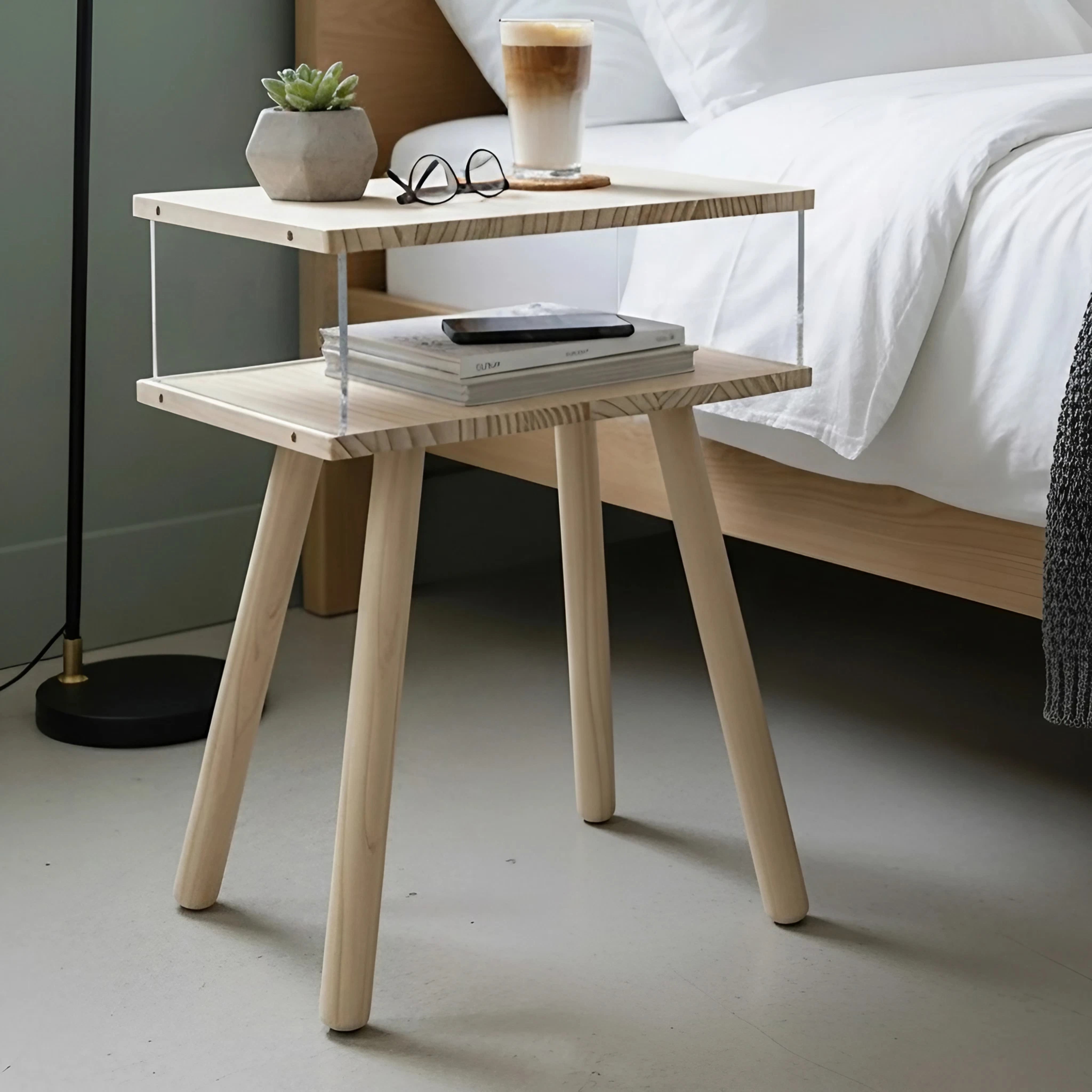 Acrylic and Solid Wood Bedside Table